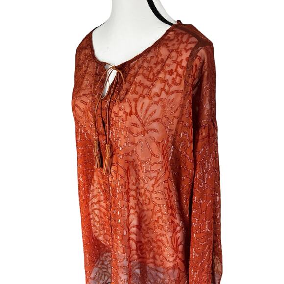 Lane Bryant Blouse Womens 14/16 Burnt Orange Sheer Boho Peasant Top Long Sleeve - Picture 3 of 11